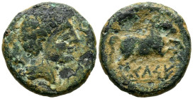 CELSE (Velilla del Ebro, Zaragoza). Semis. (Ae. 6,56g/20mm). 120-50 a.C. (FAB-782). Anv: Cabeza masculina a derecha rodeada de tres delfines. Rev: Cab...