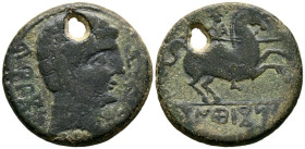 CONTERBIA CARBICA (Huete, Cuenca). As. (Ae. 8,21g/25mm). 120-80 a.C. (FAB-846). Anv: Cabeza masculina a derecha, detrás leyenda: CaRBiCa, delante delf...