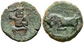 EBUSUS (Ibiza, Islas Baleares). 1/4 de Calco. (Ae. 3,16g/17mm). 300-200 a.C. (FAB-923). Anv: Bes con faldellín de frente sosteniendo martillo y serpie...