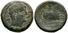 ECUALACOS (Zona de Soria-Guadalajara). As. (Ae. 13,44g/25mm). 120-20 d.C. (FAB-969). Anv: Cabeza masculina a derecha, delante delfín, detrás letra ibé...