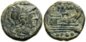 ACUÑACIONES ANONIMAS. Triente. (Ae. 6,32g/21mm). 211 a.C. Ceca incierta. (Crawford 56/4). Anv: Cabeza de Minerva con casco a derecha, encima cuatro pu...