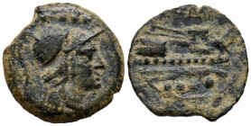 ACUÑACIONES ANONIMAS. Triente. (Ae. 2,70g/17mm). 211 a.C. Ceca incierta. (Crawford 56/4). Anv: Cabeza de Minerva con casco a derecha, encima cuatro pu...