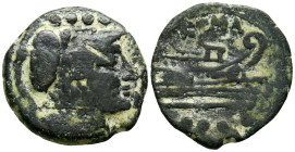ACUÑACIONES ANONIMAS. Triente. (Ae. 4,35g/21mm). 215-212 a.C. Roma. (Crawford 56/4). Anv: Cabeza de Roma a derecha, encima cuatro puntos. Rev: Proa a ...