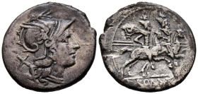 ACUÑACIONES ANONIMAS. Denario. (Ar. 3,26g/20mm). 200-190 a.C. Sur de Italia. (FFC 7; Crawford 44/5). Anv: Cabeza de Roma con casco a derecha, detrás X...