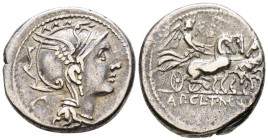 GENS CLAUDIA. Denario. (Ar. 3,83g/18mm). 110-109 a.C. Roma. (FFC 564; Crawford 299/1a). Anv: Cabeza de Roma a derecha, detrás objeto triangular. Rev: ...