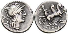 GENS CLOULIA. Denario. (Ar. 3,64g/18mm). 128 a.C. Roma. (FFC 572; Crawford 260/1). Anv: Cabeza de Roma a derecha, detrás corona de laurel, debajo leye...