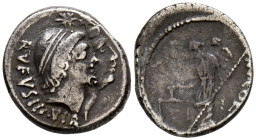 GENS CORDIA. Denario. (Ar. 3,73g/18mm). 46 a.C. Roma. (FFC 602; Crawford 463/1b). Anv: Cabeza diademadas de los Dioscuros a derecha, encima estrellas,...