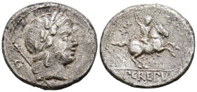 GENS CREPUSIA. Denario. (Ar. 3,36g/18mm). 82 a.C. (FFC 659; Crawford 361/1c). Anv: Cabeza de Apolo laureada a derecha, destrás: . Rev: Jinete cabalgan...