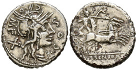 GENS COSCONIA. Denario forrado. (Ar-Ae. 3,82g/19mm). 118 a.C. Narbo. (FFC 652; Crawford 282/2). Anv: Cabeza de Roma a la derecha, detrás de X, alreded...