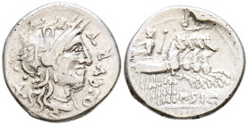 GENS CURTIA. Denario. (Ar. 3,84g/20mm). 116-115 a.C. Norte de Italia. (FFC 669; Crawford 285/2). Anv: Cabeza de Roma a derecha, detrás X, delante leye...