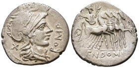 GENS DOMITIA. Denario. (Ar. 3,82g/21mm). 116-115 d.C. Roma. (FFC 681; Crawford 285/1). Anv: Cabeza de Roma a derecha, detrás X, delante: ROMA. Rev: Jú...