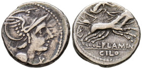 GENS FLAMINIA. Denario. (Ar. 3,82g/18mm). 109-108 a.C. Norte de Italia. (FFC 708; Crawford 302/1). Anv: Cabeza de Roma a derecha, delante X, detrás le...