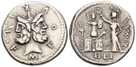 GENS FURIA. Denario. (Ar. 3,89g/19mm). 119 a.C. Italia Central. (Crawford 281/1; FFC 730). Anv: Cabeza de Jano bifronte, alrededor leyenda: M FOVRI LF...