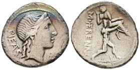 GENS HERENNIA. Denario. (Ar. 3,42g/19mm). 108-107 a.C. Sur de Italia. (FFC 743; Crawford 308/1a). Anv: Cabeza diademada de Pietas a derecha, delante P...