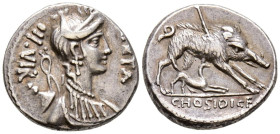 GENS HOSIDIA. Denario. (Ar. 3,69g/17mm). 68 a.C. Ceca incierta italiana. (FFC 748; Crawford 407/2). Anv: Busto diademado de Diana a derecha con arco y...