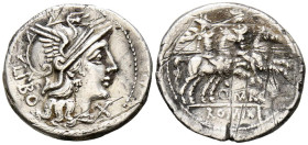 GENS MARCIA. Denario. (Ar. 3,39g/21mm). 148 a.C. Roma. (FFC 848; Crawford 215/1). Anv: Cabeza de Roma a derecha, delante X, detrás leyenda: LIBO. Rev:...