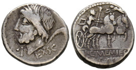GENS MEMMIA. Denario. (Ar. 4,03g/17mm). 87 a.C. Roma. (FFC 911; Crawford 349/1). Anv: Cabeza laureada de Saturno a izquierda, delante: tres puntos y I...