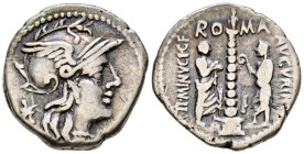 GENS MINUCIA. Denario. (Ar. 3,85g/19mm). 134 a.C. Roma. (FFC 925; Crawford 243/1). Anv: Cabeza de Roma a derecha, detrás estrella. Rev: Columna con es...