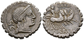 GENS NAEVIA. Denario. (Ar. 3,70g/19mm). 79 a.C. Taller auxiliar de Roma. (FFC 937; Crawford 382/1). Anv: Cabeza diademada de Venus a derecha, detrás S...