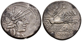 GENS PAPIRIA. Denario. (Ar. 3,79g/21mm). 122 a.C. Taller auxiliar de Roma. (FFC 958; Crawford 279/1). Anv: Cabeza de Roma con casco a derecha, detrás:...