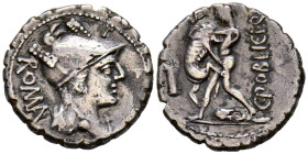 GENS POBLICIA. Denario forrado. (Ar-Ae. 3,11g/19mm). 80 a.C. Taller auxiliar de Roma. (FFC 1017; Crawford 380/1). Anv: Cabeza de Roma a derecha, encim...