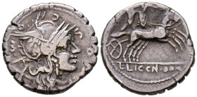 GENS POMPONIA. Denario. (Ar. 3,77g/18mm). 118 a.C. (FFC 1027; Crawford 282/4). Anv: Cabeza de Roma a derecha, alrededor leyenda: L POMPONI CN F. Rev: ...
