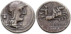 GENS POSTUMIA. Denario. (Ar. 3,91g/20mm). 131 a.C. Roma. (FFC 1063; Crawford 252/1). Anv: Cabeza de Roma a derecha, delante estrella, detrás apex. Rev...