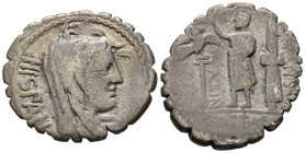 GENS POSTUMIA. Denario. (Ar. 3,28g/20mm). 81 a.C. Taller auxiliar de Roma. (Crawford 372/2; FFC 1072). Anv: Cabeza velada de Hispania a derecha, detrá...
