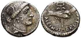 GENS POSTUMIA. Denario. (Ar. 3,74g/17mm). 48 a.C. Roma. (FFC 1075; Crawford 450/2). Anv: Cabeza de Pietas a derecha, detrás leyenda: PIETAS. Rev: Dos ...