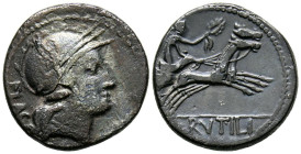 GENS RUTILIA. Denario. (Ar. 3,63g/18mm). 77 a.C. Roma. (FFC 1095; Crawford 387/1). Anv: Cabeza de Roma a derecha, detrás leyenda: FLAC. Rev: Victoria ...