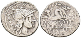 GENS TULLIA. Denario. (Ar. 3,58g/21mm). 120 a.C. Roma. (FFC 1162; Crawford 280/1). Anv: Cabeza de Roma con casco a derecha, detrás leyenda: ROMA. Rev:...