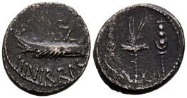 MARCO ANTONIO. Denario. (Ar. 3,17g/18mm). 32-31 a.C. Ceca volante. (FFC 51; Crawford 544/31). Anv: Galera Pretoriana a derecha, alrededor leyenda: ANT...