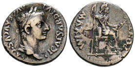 TIBERIO. Denario forrado. (Ar-Ae. 3,05g/18mm). 14-37 d.C. Lugdunum. (RIC 30). Anv: Cabeza laureada de Tiberio a derecha portando cetro, alrededor leye...