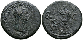 DOMICIANO. Sestercio. (Ae. 22,02g/30mm). 85 d.C. Roma. (RIC 258). Anv: Cabeza laureada de Domiciano a la derecha, con Aegis sobre el hombro, alrededor...