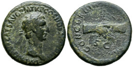 NERVA. As. (Ae. 9,92g/27mm). 97 d.C. Roma. (RIC 69). Anv: Cabeza laureada de Nerva a derecha, alrededor leyenda: IMP NERVA CAES AVG P M TR P COS II DE...