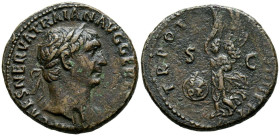 TRAJANO. As. (Ae. 9,76g/27mm). 100 d.C. Roma. (RIC 417). Anv: Cabeza laureada de Trajano a derecha, alrededor leyenda: MIP AES NERVA TRAIAN AVG GERM P...