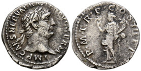 TRAJANO. Denario. (Ar. 2,87g/19mm). 98-99 d.C. Roma. (RIC 6). Anv: Cabeza laureada de Trajano a derecha, alrededor leyenda: IMP CAES NERVA TRAIAN AVG ...