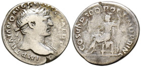 TRAJANO. Denario. (Ar. 3,40g/20mm). 108-109 d.C. Roma. (RIC 116). Anv: Cabeza laureada de Trajano a derecha, alrededor leyenda: IMP TRAIANO AVG GER DA...