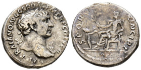 TRAJANO. Denario. (Ar. 2,76g/18mm). 107 d.C. Roma. (RIC 188). Anv: Busto laureado Dde Trajano a derecha, alrededor leyenda: IMP TRAIANO AVG GER DAC P ...
