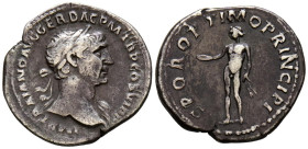 TRAJANO. Denario. (Ar. 3,13g/21mm). 112-114 d.C. Roma. (RIC 276). Anv: Busto laureado de Trajano a derecha con drapeado sobre hombro izquierdo, alrede...