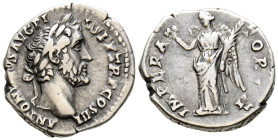 ANTONINO PIO. Denario. (Ar. 3,17g/18mm). 143-144 d.C. Roma. (RIC 111b). Anv: Cabeza laureada de Antonino Pío a derecha, alrededor leyenda: ANTONINVS A...