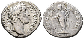 ANTONINO PIO. Denario. (Ar. 2,69g/17mm). 145-147 d.C. Roma. (RIC 156). Anv: Cabeza laureada de Antonino Pío a derecha, alrededor leyenda: ANTONINVS AV...