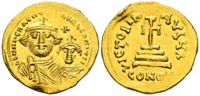 HERACLIO y HERACLIO CONSTANTINO. Sólido. (Au. 4,31g/21mm). 626-629 d.C. Constantinopla. (Seaby 743). Anv: Bustos coronados y drapeados de frente de He...