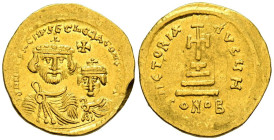 HERACLIO y HERACLIO CONSTANTINO. Sólido. (Au. 4,39g/21mm). 626-629 d.C. Constantinopla. (Seaby 743). Anv: Bustos coronados y drapeados de frente de He...