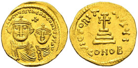 HERACLIO y HERACLIO CONSTANTINO. Sólido. (Au. 4,52g/21mm). 626-629 d.C. Constantinopla. (Seaby 743). Anv: Bustos coronados y drapeados de frente de He...