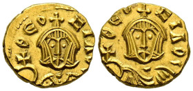 TEOFILO. Semissis. (Au. 1,75g/16mm). 831-832 d.C. Siracusa. (Seaby 1674). Anv: Busto coronado de Teófilo de frente portando globo crucífero, alrededor...