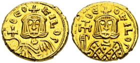 TEOFILO. Sólido. (Au. 3,88g/16mm). 831-832 d.C. Siracusa. (Seaby 1670). Anv: Busto coronado de Teófilo de frente portando globo crucífero, alrededor l...