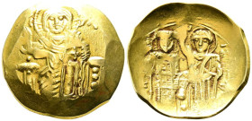 JUAN II Comnenus. Histamenon. (Ae. 4,28g/24mm). 1118-1143 d.C. Constantinopla. (Seaby 1938). Anv: Cristo sentado de frente con Nimbus sobre trono port...