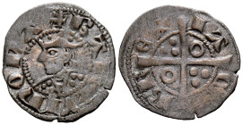 JAIME II (1291-1327). Dinero. (Ve. 0,87g/18mm). Barcelona. (Cru V.S. 340). Anv: Busto coronado de Jaime II a izquierda, alrededor leyenda: BARQINONA. ...