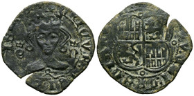 ENRIQUE II (1368-1379). Real de Vellón. (Ve. 2,44g/25mm). Sin ceca. (Imperatrix E2:15,68; FAB-432). Anv: Busto coronado de frente entre E y N coronada...